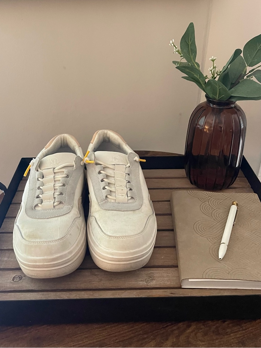 Hey Dude Cream Platform Sneakers with Yellow Pull Tabs